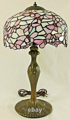 Antique/Vtg 10 Tiffany Style PINK IRIDESCENT Stained Glass Desk Table Lamp