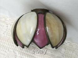 Antique Vtg Double Tulip Stained Glass Lamp Shade Bent Slag Pink Caramel 6, 2