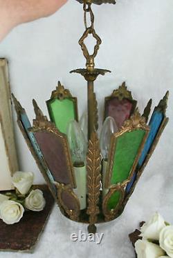 Antique rare french stained cleared glass chandelier multi colour lantern lamp