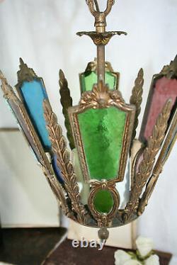 Antique rare french stained cleared glass chandelier multi colour lantern lamp