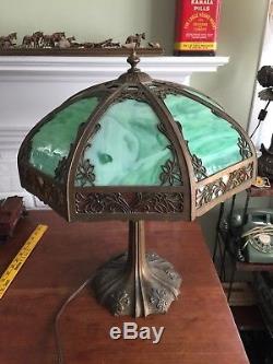 Antique1900s E. Miller Co Art Nouveau Green Slag Stained Glass Table Lamp