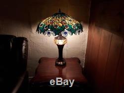Antiqued Art Nouveau Peacock Tiffany-Style Stained Glass 25 Handmade Table Lamp