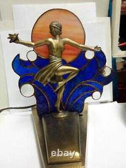 Art Deco Lady lamp metal/stained glass design sz 9in tall by L&L W MC 9919 metal