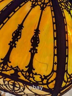 Art Nouveau Miller-b&h-handel- Era Green Stained Slag Glass Lamp 21 8 Panel