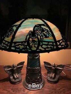 Arts Crafts Antique Vintage Slag Stained Glass Bradley Hubbard Handel Era Lamp