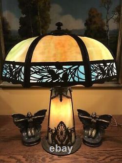 Arts Crafts Antique Vintage Slag Stained Glass Bradley Hubbard Handel Era Lamp