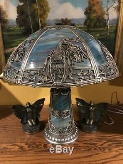 Arts Crafts Antique Vintage Slag Stained Glass Bradley Hubbard Handel Era Lamp