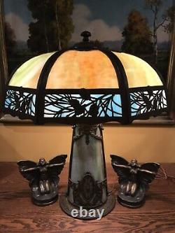 Arts Crafts Antique Vintage Slag Stained Glass Bradley Hubbard Handel Era Lamp