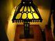 Arts & Crafts Mission Iron Table Newel Lamp Stained Glass Shade Base