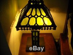 Arts & Crafts Mission Iron Table Newel Lamp Stained Glass Shade Base