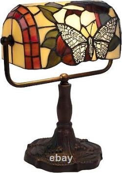 Bankers Lamp Stained Glass Butterfly Design Table Vintage Look Colorful Accent