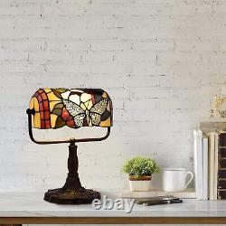 Bankers Lamp Stained Glass Butterfly Design Table Vintage Look Colorful Accent