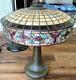 Beautiful All Metal Table Lampe Gorgeous Stained Glass Shade Vgc -works Well