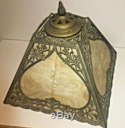 Beautiful Antique Victorian Stained Slag Glass Ornate 4-sided Metal Lamp Shade