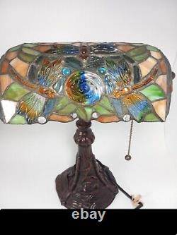 Beautiful Tiffany Style Stained Glass Bankers Lamp Dragonfly Rose 15 Tested