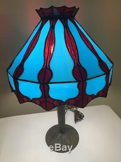 Beautiful Vintage Antique Stained Slag Glass Brass Lamp Blue