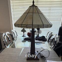 Beige Stained Glass Style Empire Shade Table Lamp Pull Chain Brown Base
