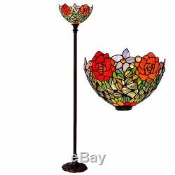 Bieye 15-inches Rose Tiffany Style Stained Glass Torchiere Floor Lamp (Red rose)