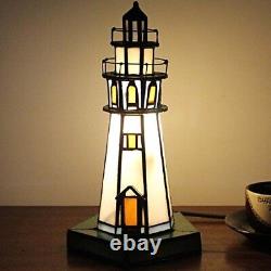 Bieye L10221 Lighthouse 10 inch Tiffany Style Stained Glass Accent Table Lamp