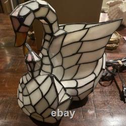 Bieye L10773 White Swans Tiffany Style Stained Glass Accent Table Lamp Night
