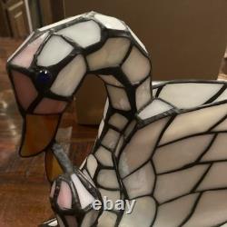 Bieye L10773 White Swans Tiffany Style Stained Glass Accent Table Lamp Night