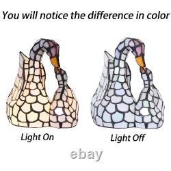 Bieye L10773 White Swans Tiffany Style Stained Glass Accent Table Lamp Night