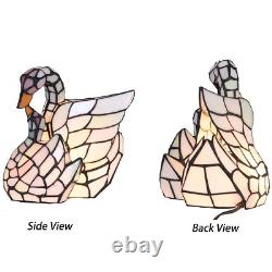 Bieye L10773 White Swans Tiffany Style Stained Glass Accent Table Lamp Night