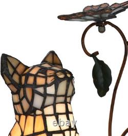 Bieye L10891 Tiffany-Style Stained Glass Cat Accent Table 10-inch, Orange