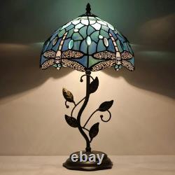 Blue Dragonfly Stained Glass Table Lamp 19 High with Metal Leaf Base