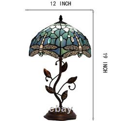 Blue Dragonfly Stained Glass Table Lamp 19 High with Metal Leaf Base