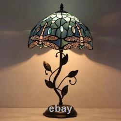 Blue Dragonfly Stained Glass Table Lamp 19 High with Metal Leaf Base