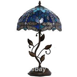 Blue Dragonfly Stained Glass Table Lamp 19 High with Metal Leaf Base