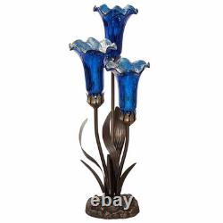 Blue Lily Tiffany Style Stained Glass 3-Bulb Table Lamp