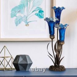 Blue Lily Tiffany Style Stained Glass 3-Bulb Table Lamp