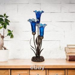 Blue Lily Tiffany Style Stained Glass 3-Bulb Table Lamp