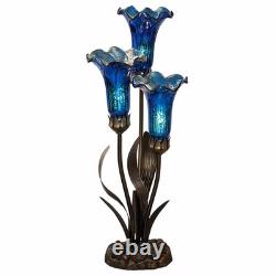 Blue Lily Tiffany Style Stained Glass 3-Bulb Table Lamp