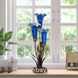 Blue Lily Tiffany Style Stained Glass 3-Bulb Table Lamp