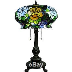 Blue Rose 27 H Table Lamp Anique Finish Stained Glass Floral Light Lamps NEW