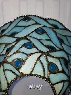 Blue Slag Milk Glass Stained Glass Lamp Shade Cabochons Leaded Beaded Edging