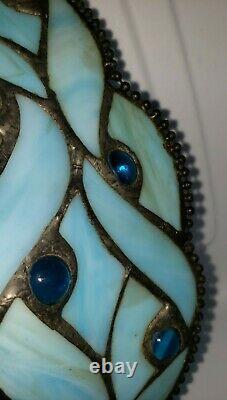 Blue Slag Milk Glass Stained Glass Lamp Shade Cabochons Leaded Beaded Edging