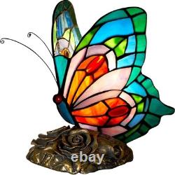Blue Tiffany Butterfly Table Lamp LED Nightstand Light with Stained Glass Shade