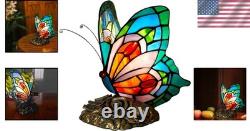 Blue Tiffany Butterfly Table Lamp LED Nightstand Light with Stained Glass Shade Blue Tiffany Butterfly Table Lamp LED Nightstand Light with Stained Glass Shade