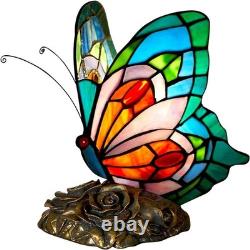 Blue Tiffany Butterfly Table Lamp LED Nightstand Light with Stained Glass Shade