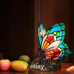 Blue Tiffany Butterfly Table Lamp LED Nightstand Light with Stained Glass Shade