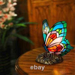 Blue Tiffany Butterfly Table Lamp LED Nightstand Light with Stained Glass Shade