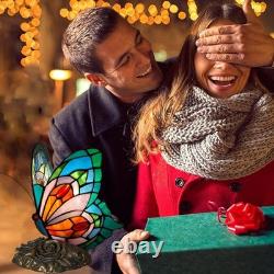 Blue Tiffany Butterfly Table Lamp LED Nightstand Light with Stained Glass Shade