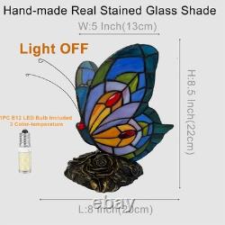 Blue Tiffany Butterfly Table Lamp LED Nightstand Light with Stained Glass Shade