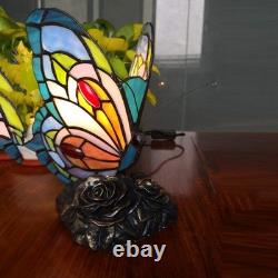 Blue Tiffany Butterfly Table Lamp LED Nightstand Light with Stained Glass Shade