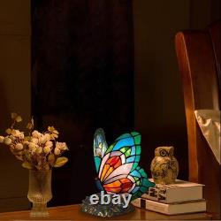 Blue Tiffany Butterfly Table Lamp LED Nightstand Light with Stained Glass Shade