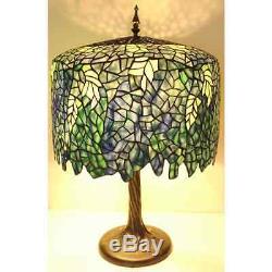 Blue Wisteria Tiffany Style Table Lamp/w Tree Trunk Base Handcrafted 18 Shade